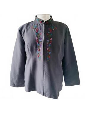 Adrian Delafield for Haband Grey Floral Embroidered Lightweight Jacket Size PM
